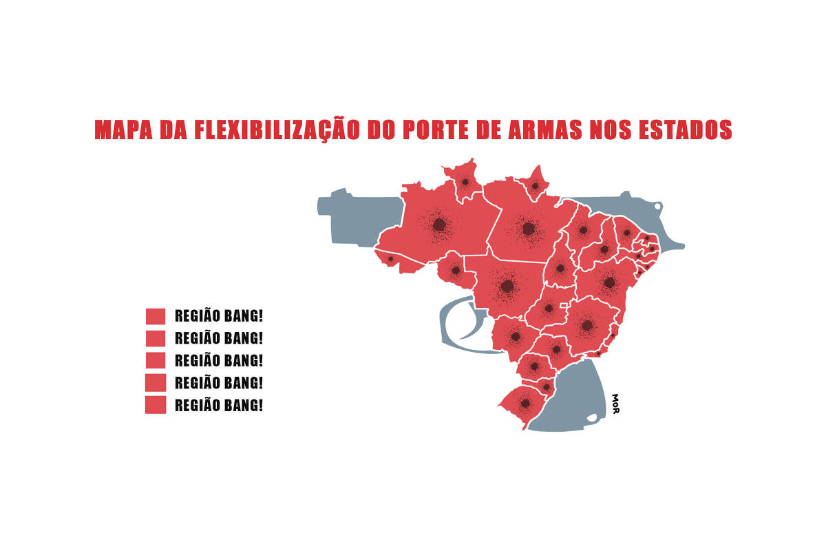 No topo da charge aparece o título "Mapa da Flexibilização do Porte de Armas nos Estados" logo abaixo temos uma arma mesclado ao mapa com as regiões dos estados brasileiros todo em vermelho repleto de tiros com uma legenda do esquerdo com as cores dos estados também em vermelho e escrito "Região Bang!" em todas as regiões. 