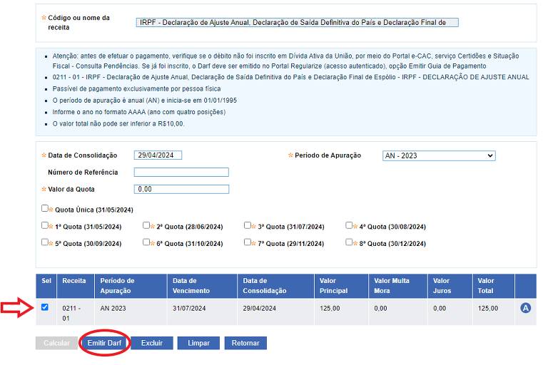 Tela do Sicalc mostra cálculo de parcela a ser paga do Imposto de Renda