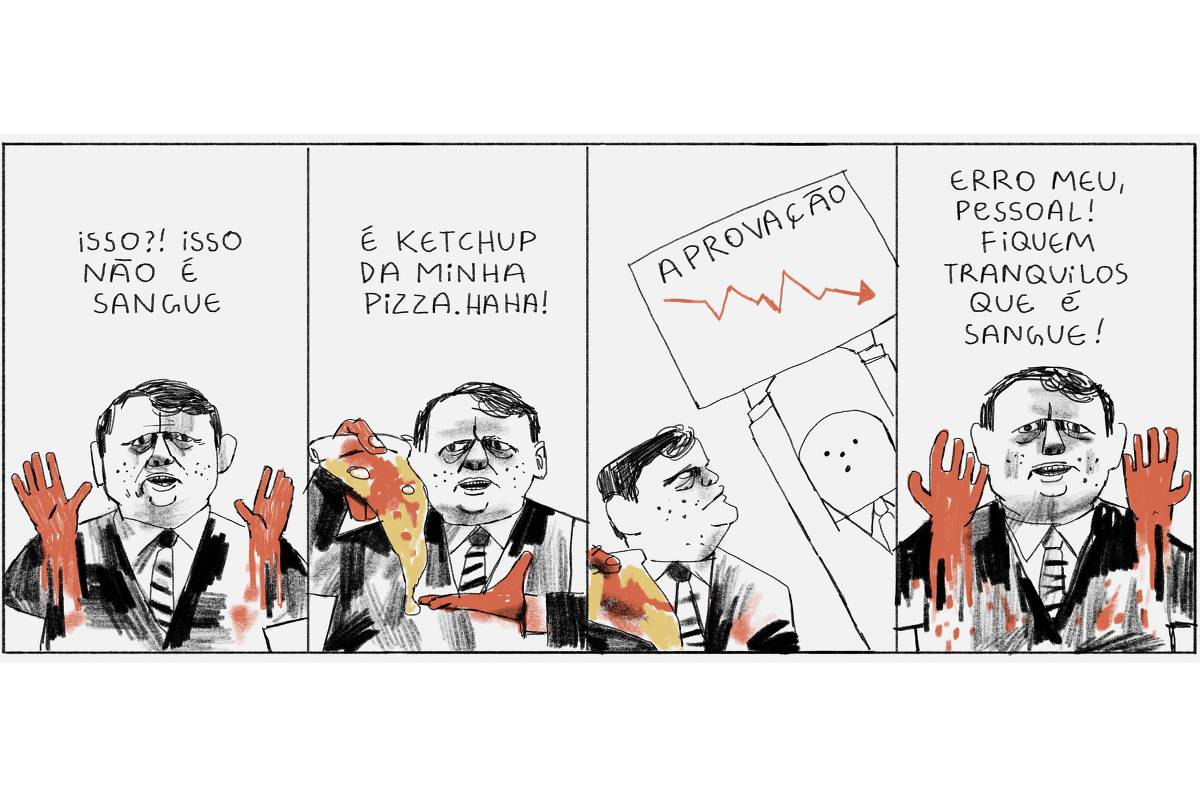 A imagem se divide em quatro quadros, todos mostram o governador de São Paulo, Tarcísio de Freitas se dirigindo ao leitor com as mãos sujas de vermelho. No primeiro quadrinho ele diz “Isso?! Isso não é sangue!”, se referindo as mãos. No segundo quadro, ele está com um pedaço de pizza nas mãos e diz “é ketchup da minha pizza, haha!”. No terceiro quadrinho, um assessor aparece com uma placa mostrando os níveis de aprovação do governador despencando. No último quadrinho, Tarcísio volta a se referir às mãos vermelhas “Erro meu, pessoal! Fiquem tranquilos que é sangue!”