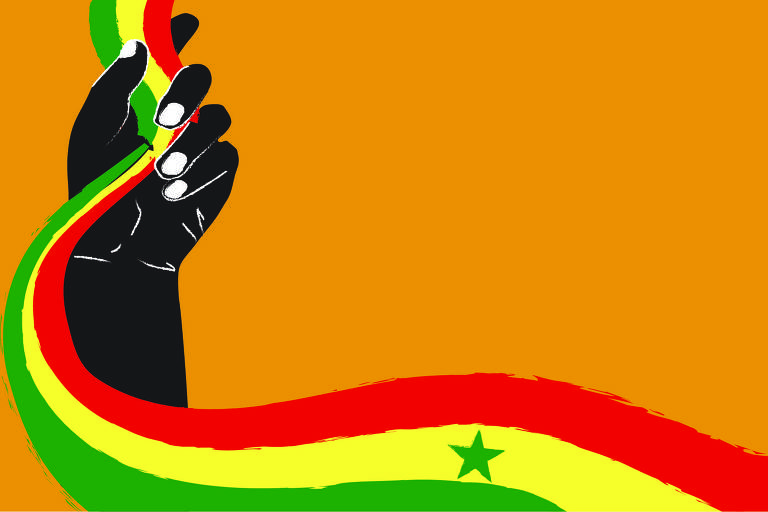 A ilustração de fundo amarelo escuro traz à esquerda um punho negro, cerrado, que segura uma bandeira do Senegal. A bandeira do Senegal traz as cores do pan-africanismo, em três listras verticais: verde, amarelo e vermelho, com uma estrela verde ao centro