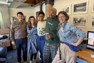 An undated photo provided by Brigid Maniates, via Invisible Institute, shows from left: Bill Healy, Alison Flowers, Erisa Apantaku, Yohance Lacour and Sarah Geis at the Invisible Institute. (Brigid Maniates, via Invisible Institute via The New York Times)