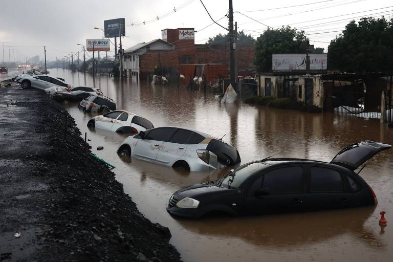 Carros caídos na água ao lado da estrada e de casas