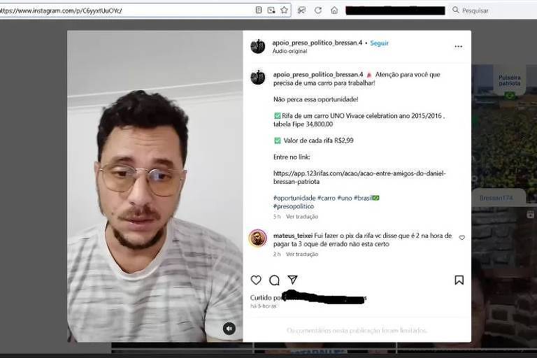 Reprodução de tela do Instagram mostra foto de homem branco de óculos e mensagens