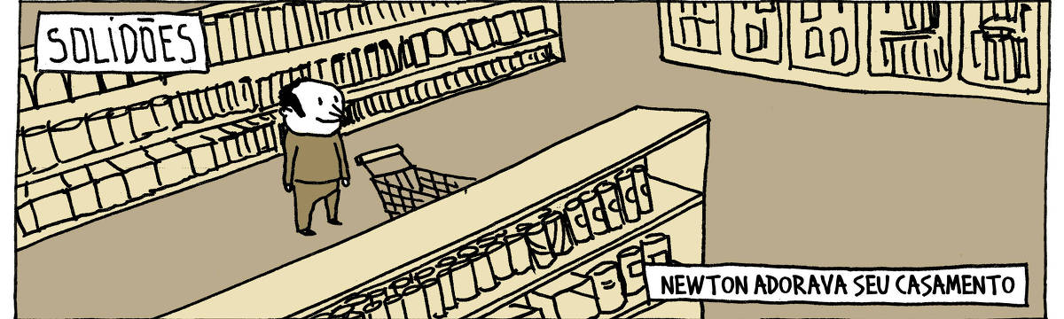 A tira de André Dahmer, publicada em 18.05.2024, tem apenas um quadro. Nele, há um homem sorridente em um supermercado deserto. Há duas legendas no quadro: "Solidões", como um título, e uma segunda legenda, que diz: "Newton adorava seu casamento".