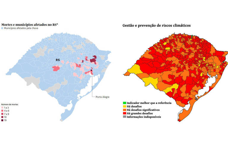 Mapa com as cidades que foram impactadas pela enchente no Rio Grande do Sul, em azul, e outro que mostra a gestão e prevenção de riscos climáticos nas cidades do estado