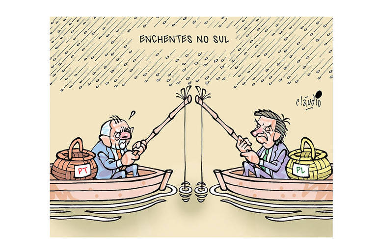 O título da charge é “Enchentes no Sul”. O desenho mostra Lula pescando em um barco no meio da lama de uma enchente. Ao fundo, vê-se a chuva. Ao lado do presidente, no barco, há um cesto com a sigla do PT. Em sentido oposto ao de Lula, Jair Bolsonaro também aparece pescando em um barco. Ao seu lado, há um cesto com a sigla do PL.