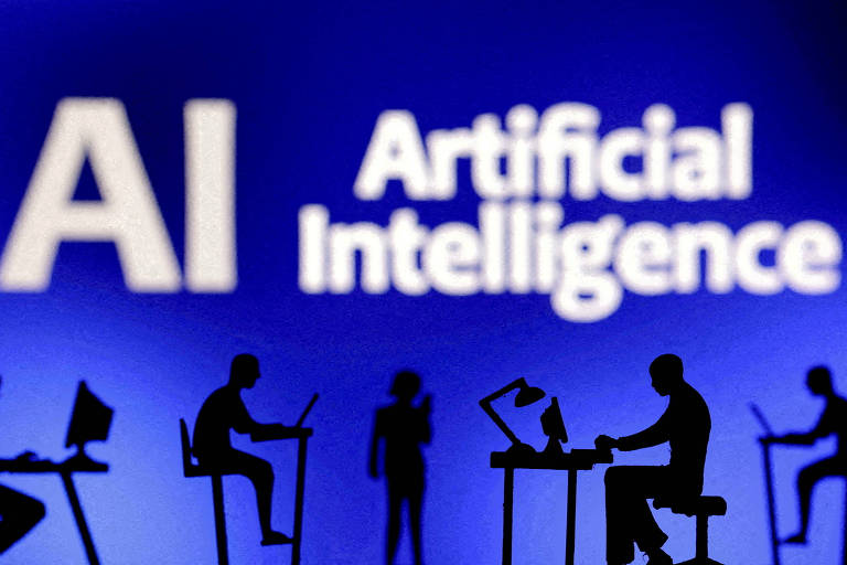 Sombras de pessoas em mesas de trabalho com a mensagem Inteligência artificial no fundo