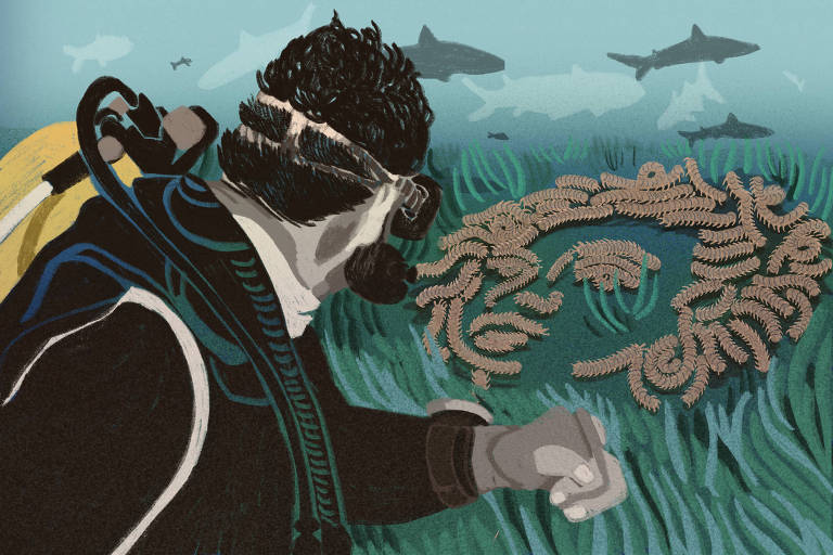 Arte ilustra um mergulhador no fundo do mar olhando para minhocas marinhas que formam o rosto de Marielle Franco