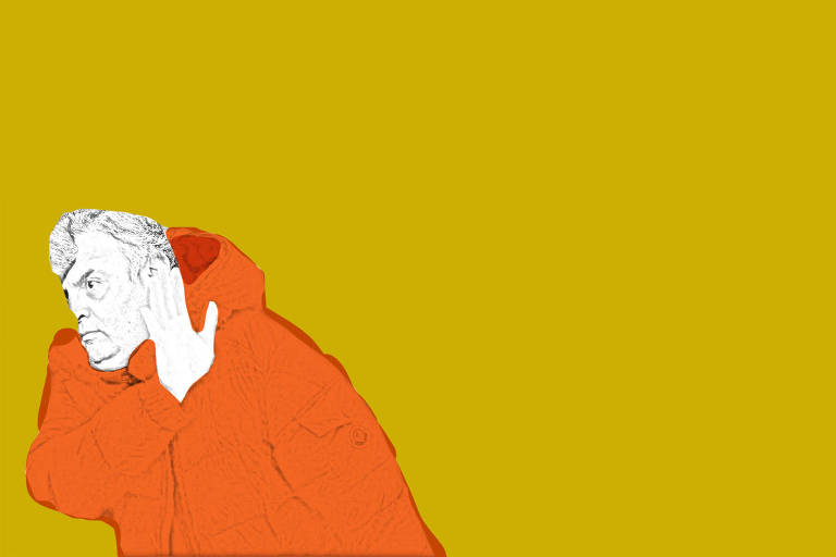 ilustração colorida de Aecio Neves vestindo um casaco de frio laranja sobre fundo mostarda com a mão sobre o rosto afastando algo.