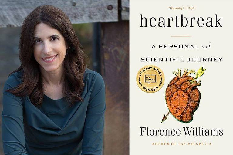 Imagem da autora Florence Williams e a capa do seu livro, Heartbreak: A Personal and Scientific Journey