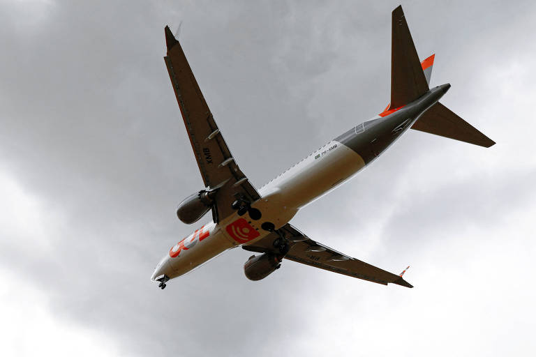 Um avião comercial é capturado em pleno voo contra um céu nublado, destacando-se com suas asas estendidas e trem de pouso recolhido.