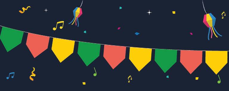 Bandeirinhas de festa junina nas cores verde, amarela e vermelha, sobre fundo escuro com estrelas e balão festivo