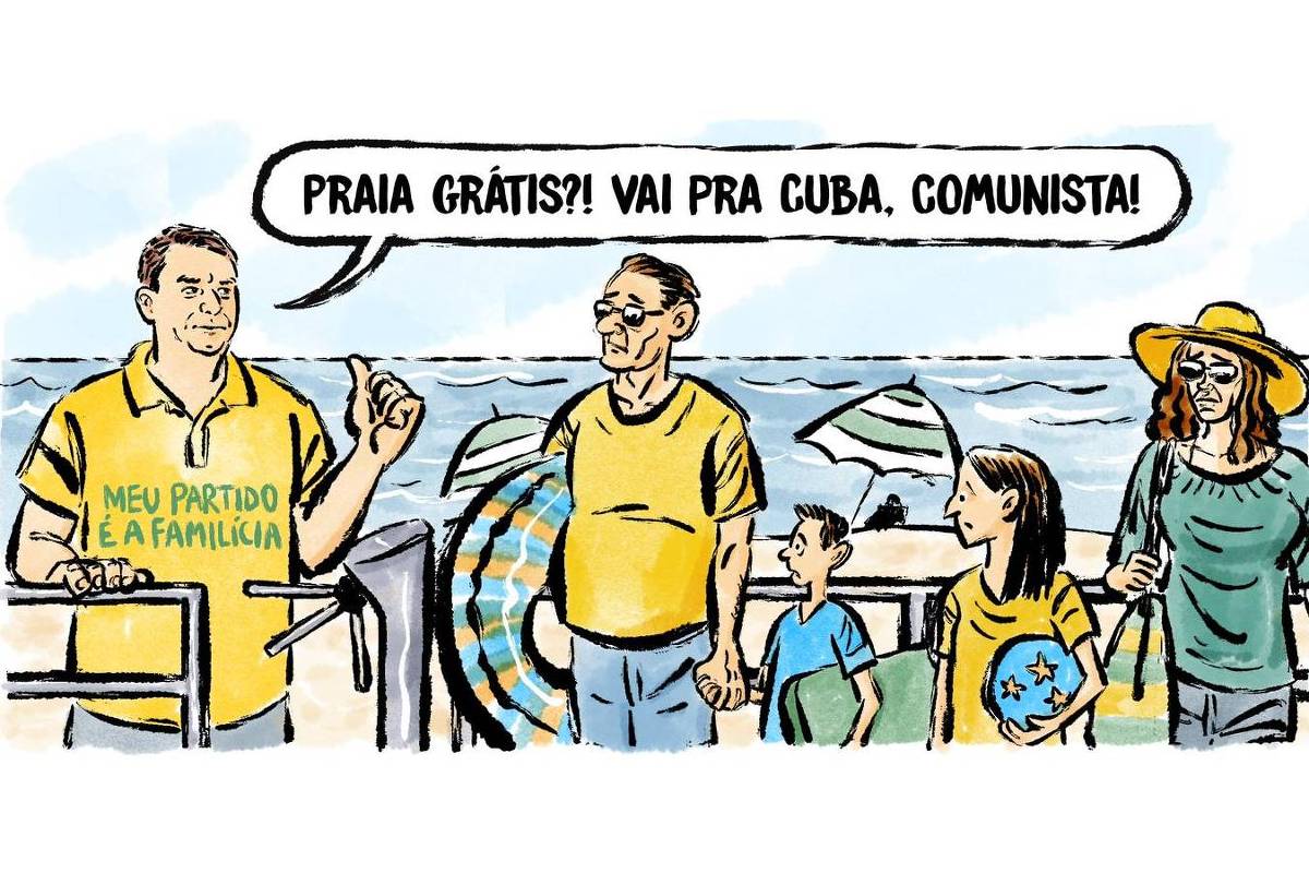 Numa praia cercada, de pé ao lado de uma catraca Flávio Bolsonaro diz a uma família "Praia grátis?! Vai pra Cuba, comunista!" Na sua camisa está escrito "Meu partido é a familícia"