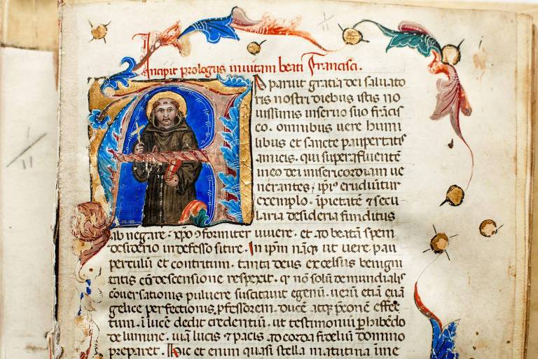 Ilustrações na margem de um manuscrito com imagem de São Francisco de Assis e de caracóis
