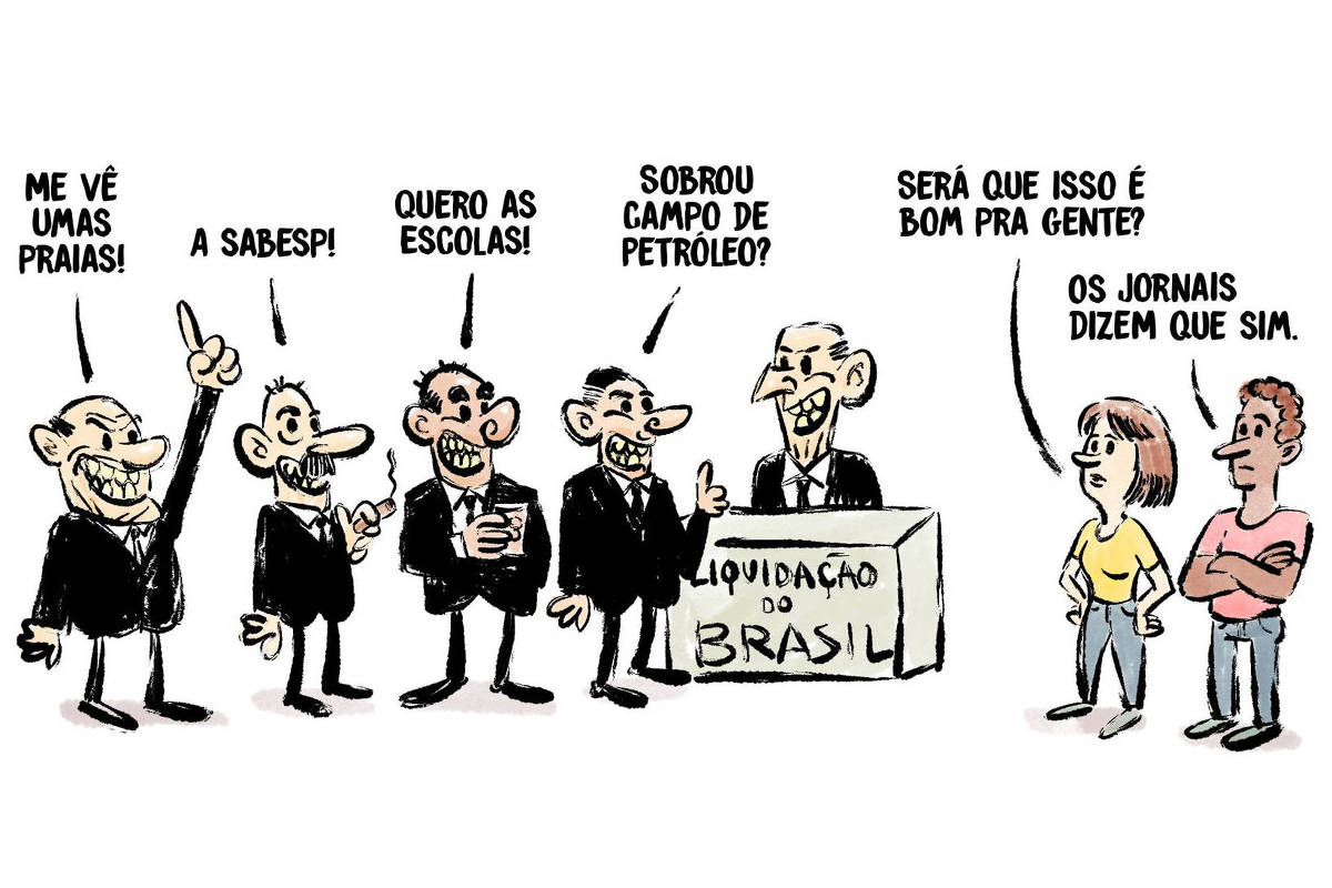 A charge apresenta uma Liquidação do Brasil. De um lado vários homens brancos de terno exclamam: "Me vê umas praias!; A Sabesp!; Quero escolas!; Sobrou campo de petróleo?" E do outro lado casal uma mulher branca e um homem negro representando o povo conversam, ela diz: "Será que isso é bom pra gente? E o homem responde: "Os jornais dizem que sim."