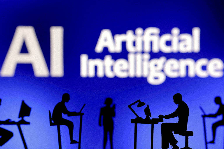 A imagem apresenta silhueta de pessoas trabalhando em diferentes posições e texto "AI Artificial Intelligence" em destaque ao fundo.
