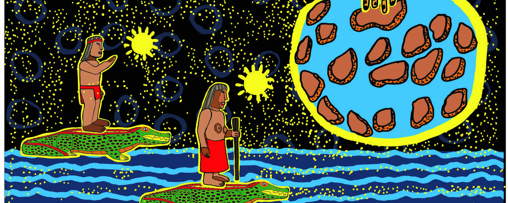 ilustração de duas pessoas indígenas montadas em cima de jacarés contra o espaço sideral se aproximando de representação do planeta terra em pedaços