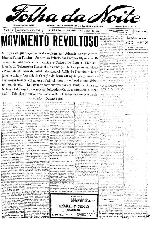 Primeira Página da Folha da Noite de 5 de julho de 1924