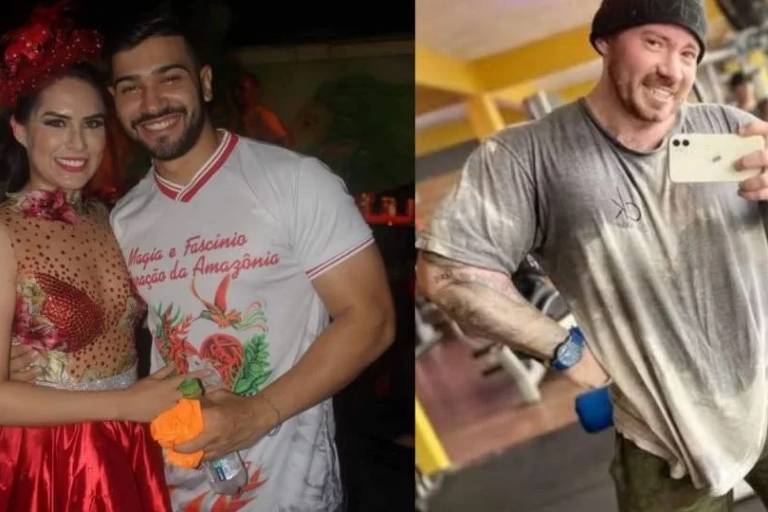 Colagem com duas fotos, uma ao lado da outra. Na primeira, Djidja e o ex-namorado Bruno, na segunda, Hatus SIlveira, que se identificava como personal trainer.