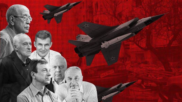 A imagem mostra fotos em preto e branco de um grupo de cinco homens em primeiro plano, com expressões sérias e pensativas, sobrepostas a um fundo vermelho vibrante que contém silhuetas de caças militares