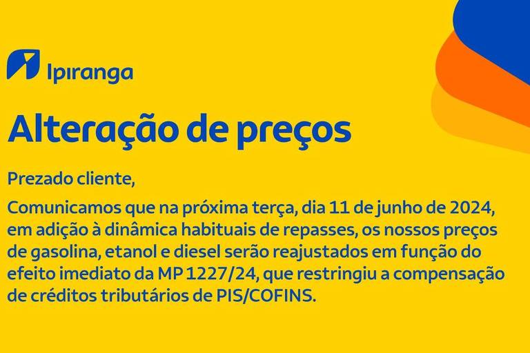 Comunicado da rede Ipiranga informando o aumento do preço do combustíveis para seus revendedores. O aumento se dá devido a MP que busca compensar a desoneração da folha de pagamento. A empresa afirma que a decisão de aumentar o preço do combustível na bomba continua sendo do revendedor.