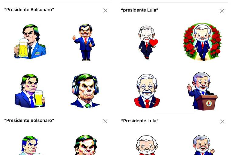 Figurinhas geradas por IA do WhatsApp reproduzem estereótipos, como Lula 'paz e amor' e Bolsonaro 'grosso'
