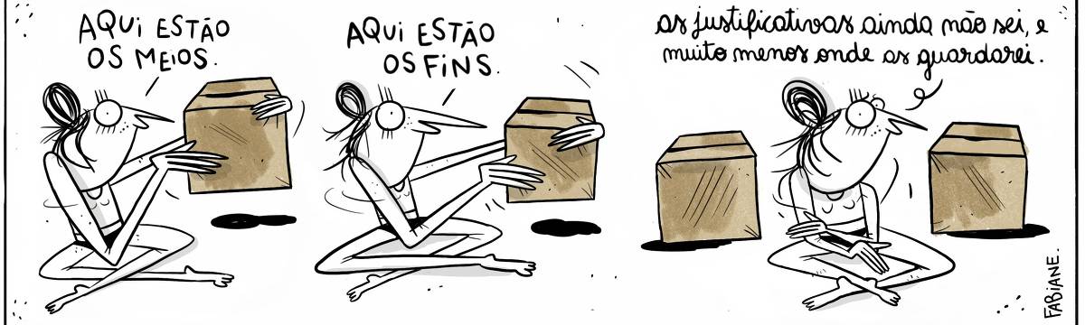 A tira Viver Dói, de Fabiane Langona, publicada em 12/06/2024 é composta por um único quadro com três cenas. Na primeira, vemos uma moça sentada com as pernas cruzadas segurando uma caixa de papelão. Na segunda, a moça segue na mesma posição, segurando outra caixa de papelão. Na cena final, a moça segue sentada porém agora pensativa. Ela está cercada pelas duas caixas, uma em cada lado do seu corpo.    Na cena 1, a moça diz: "Aqui estão os meios.".  Na cena 2, a moça diz: "Aqui estão os fins.".  Na cena 3, a moça diz: "As justificativas ainda não sei, e muito menos onde as guardarei.". 