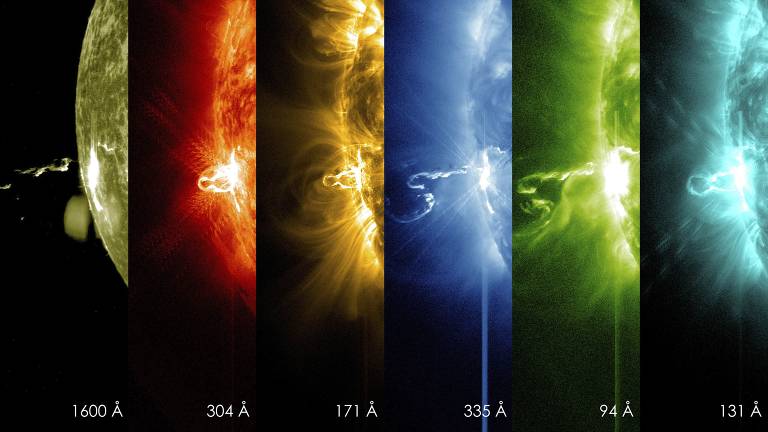 Série de seis imagens obtidas pelo satélite Solar Dynamics Observatory (SDO), da Nasa, apresenta em diferentes comprimentos de onda de luz, os primeiros momentos de uma violenta erupção solar em 2014