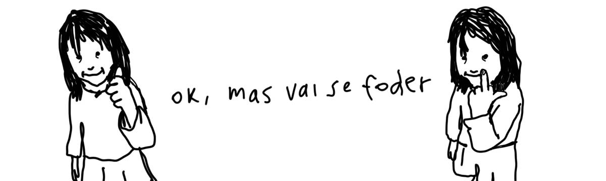 A tirinha em preto e branco de Estela May, publicada em 13/06/24, traz uma criança fazendo com a mão joinha e mostrando o dedo do meio. Entre os dois desenhos, “ok, mas vai se foder”