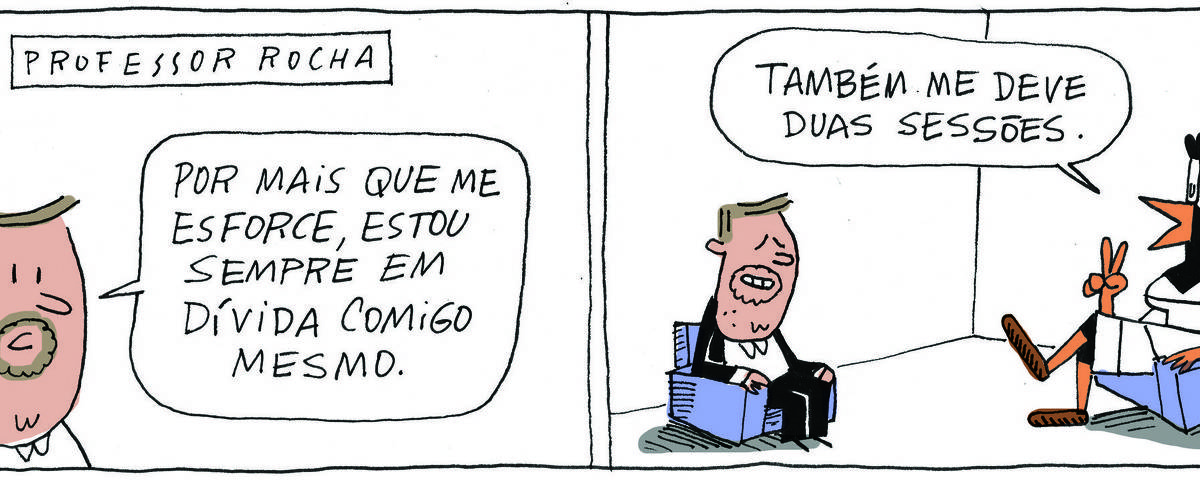 A tirinha PROFESSOR ROCHA, publicada em 14/06/2024, com 2 quadrinhos, traz o PROFESSOR ROCHA, homem branco, gordinho, calça e paletó pretos, camisa branca e cavanhaque, sentado em uma poltrona ao lado de DOUTORA GISLAINE, uma ave preta pernalta, com bico laranja e vestido branco com listas pretas, também sentada em uma poltrona. É uma sessão de terapia. No quadrinho 1, o PROFESSOR diz: Por mais que me esforce, estou sempre em dívida comigo mesmo.  No quadrinho 2, a doutora responde: Também me deve duas sessões.