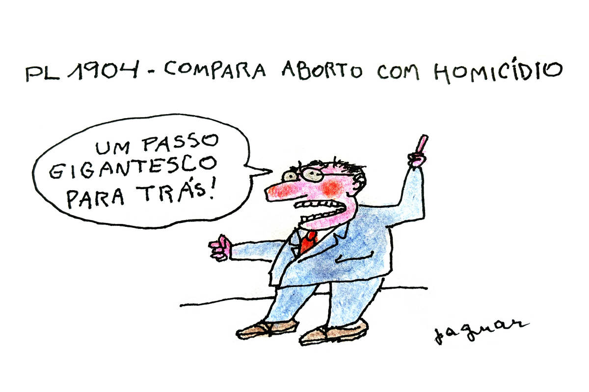 A imagem apresenta uma caricatura de um homem indignado, com a boca aberta como se estivesse falando e levantando o dedo em um gesto de argumentação. Acima dele, lê-se "PL 1904 - COMPARA ABORTO COM HOMICÍDIO", e ele diz em uma fala "UM PASSO GIGANTESCO PARA TRÁS!". A expressão do personagem e o conteúdo da fala sugerem uma crítica à proposta legislativa mencionada.