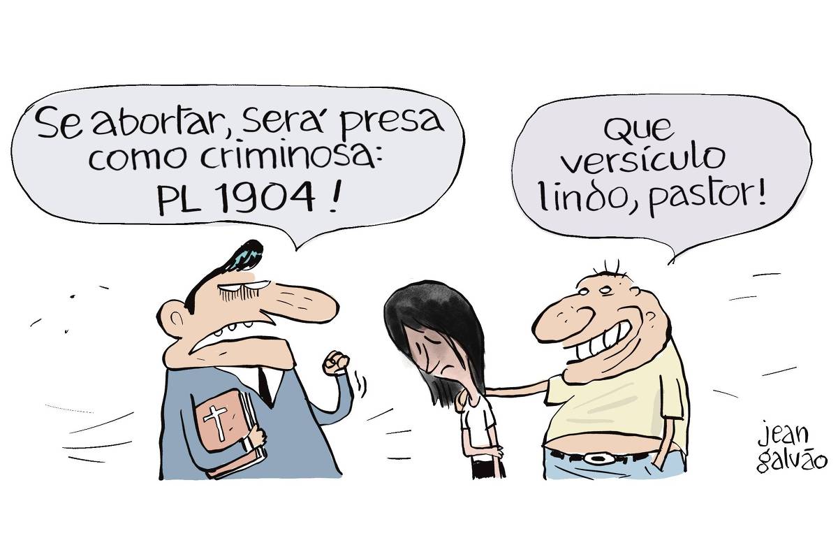 A charge de Jean Galvão publicada na Folha mostra um pastor, de expressão colérica, com a Bíblia na mão dizendo a uma mulher: “Se abortar, será presa como criminosa: PL 1904”. A mulher está envergonhada, de cabeça baixa. Ao seu lado um homem sorridente, com uma das mãos sobre o ombro da mulher fala: “Que versículo lindo, pastor!