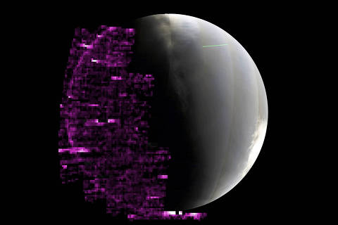 Auroras, rendered in purple to represent ultraviolet light, on Mars's nightside were detected by an instrument aboard NASA's MAVEN orbiter between May 14 and 20. The brighter the purple, the more auroras that were present. . -- ; FOR EDITORIAL USE ONLY WITH NYT STORY MARS SOLAR STORM BY ROBIN GEORGE ANDREWS FOR JUNE 13, 2024. ALL OTHER USE PROHIBITED. -- ORG XMIT: XNYT0718