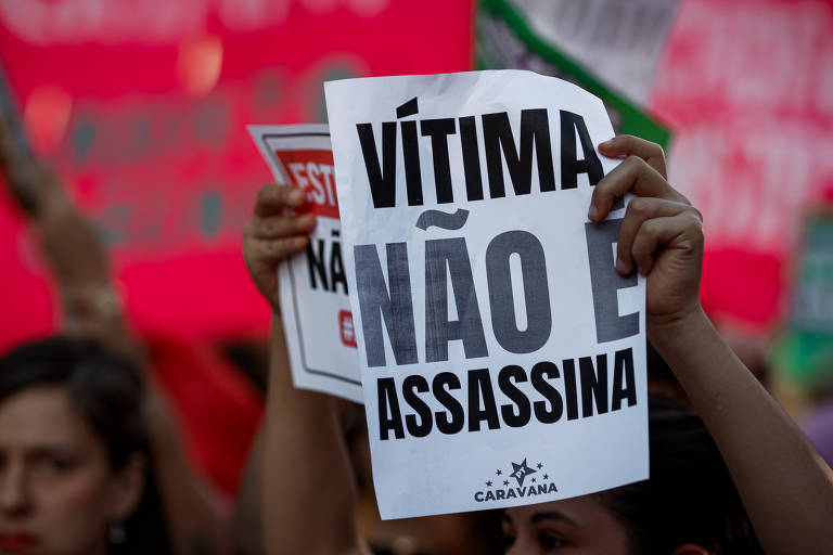 Placa que diz "Vítima não é assassina"