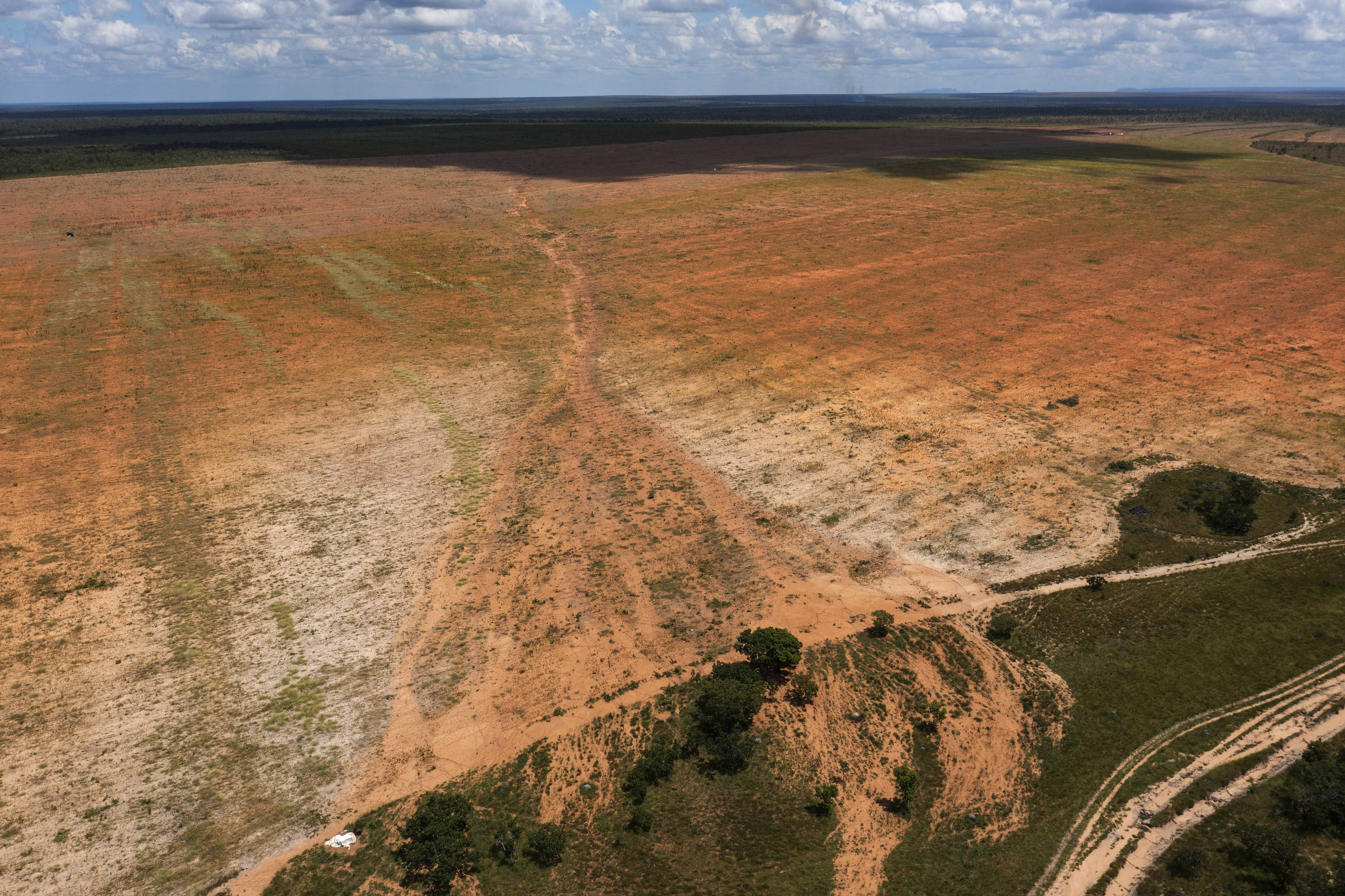 Vista aérea de uma paisagem dividida, mostrando uma nítida diferença entre a vegetação rasteira e áreas de terra exposta