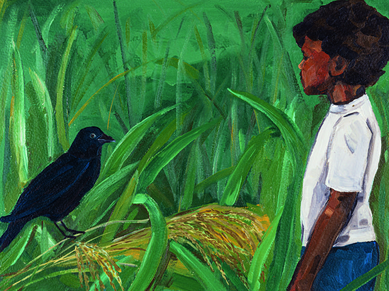 A pintura captura um momento sereno entre um menino e um pássaro preto em meio a um campo verdejante. O menino, de perfil, observa atentamente o pássaro, que parece retribuir o olhar, criando uma conexão silenciosa entre o humano e a ave. A vegetação exuberante ao redor sugere um ambiente natural e tranquilo. Palavras-chave: pintura, menino, pássaro, natureza, campo verde, observação, conexão, serenidade, perfil, vegetação, tranquilidade, arte, encontro, fauna, flora