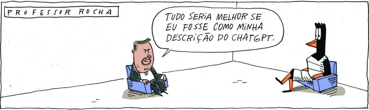 A tirinha PROFESSOR ROCHA, publicada em 20/06/2024, com 1 quadrinho, traz o PROFESSOR ROCHA, homem branco, gordinho, calça e paletó pretos, camisa branca e cavanhaque, sentado em uma poltrona ao lado de DOUTORA GISLAINE, uma ave preta pernalta, com bico laranja e vestido branco com listas pretas, também sentada em uma poltrona. É uma sessão de terapia. O PROFESSOR diz: Tudo seria melhor se eu fosse como minha descrição do ChatGPT.