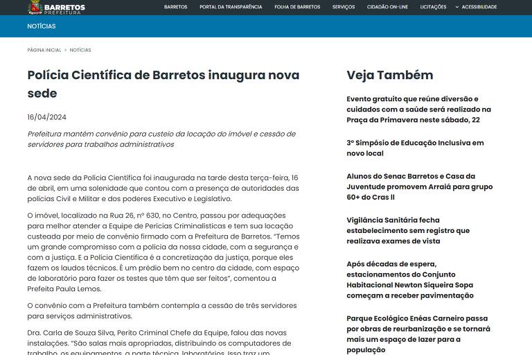 Conteúdos relacionados a apostas inseridos no site da prefeitura de Barretos 