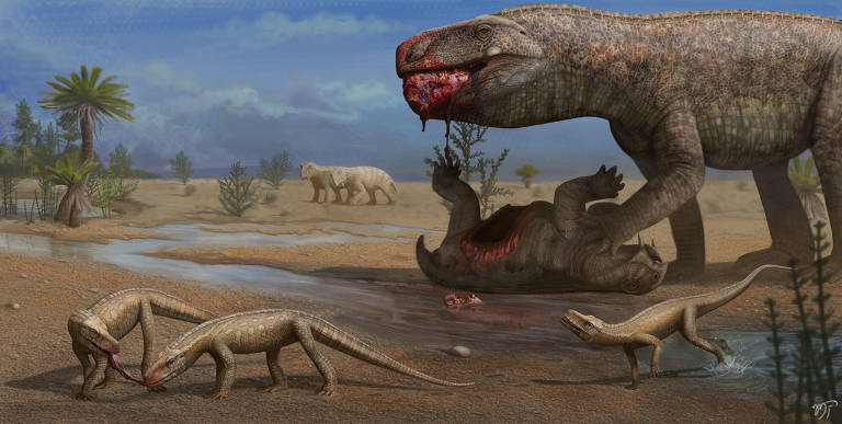 A imagem retrata uma cena pré-histórica em que um dinossauro atacando outro, que está deitado; três répteis caminham perto deles, sendo que um atravessa um raso curso d'água