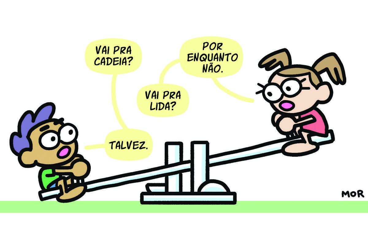 Na charge temos duas crianças, um menino e uma menina, conversando enquanto brincam em uma gangorra que tem o formato semelhante ao Congresso Nacional.  Primeiro balão do menino: "Vai pra cadeia?" Primeiro balão da menina: "Por enquanto não." Segundo balão da menina: "Vai pra lida?" Segundo balão da menino: "Talvez."