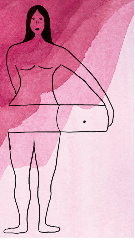 Fundo em camadas de aquarela cor rosa e o desenho em traço preto de uma mulher, retirando geometricamente a barriga com as mãos