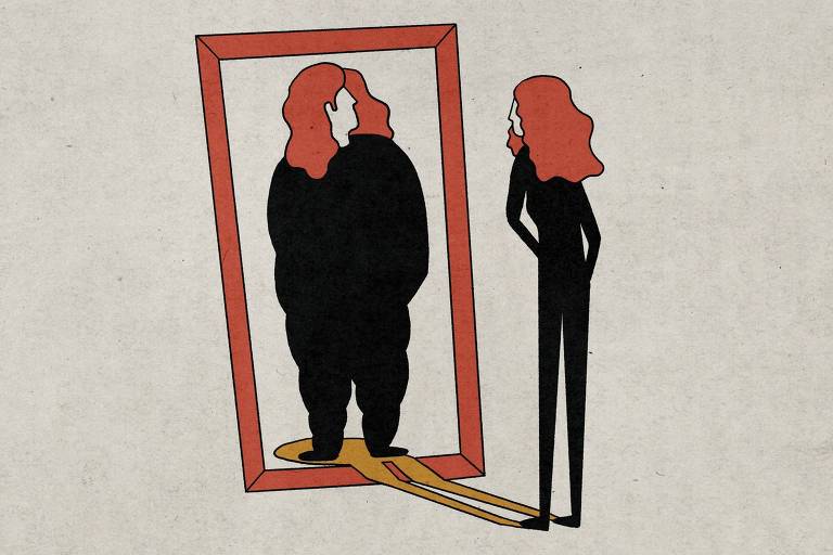 Mulher magra se olha num espelho e vê sua imagem como de uma mulher gorda
