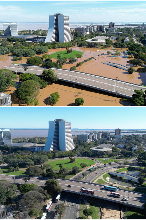 A imagem mostra uma comparação de uma área urbana antes e depois de uma enchente. Na parte superior, a área está inundada com água marrom cobrindo ruas e áreas verdes. Na parte inferior, a mesma área é mostrada em condições normais, com ruas secas e áreas verdes bem cuidadas. Em ambas as imagens, há edifícios altos e modernos, incluindo um edifício com uma forma curva distinta, além de várias árvores e uma ponte sobre uma estrada principal.