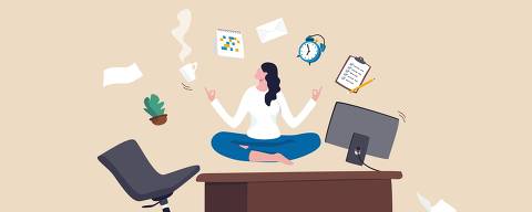 Employee wellbeing or wellness, comfortable to work, project management or relax workplace, balance or productivity concept, office woman mindfulness meditating on working desk levitate working stuff.
( Foto:  Nuthawut/ adobe stock ) DIREITOS RESERVADOS. NÃO PUBLICAR SEM AUTORIZAÇÃO DO DETENTOR DOS DIREITOS AUTORAIS E DE IMAGEM