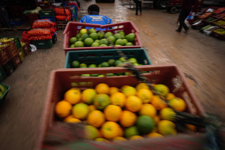 Pessoa movimenta caixas de hortifrúti em central de abastecimento na Grande Porto Alegre