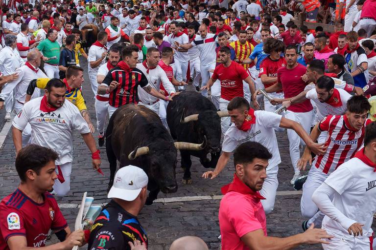 A imagem mostra uma multidão de pessoas correndo em uma rua pavimentada, acompanhadas por dois touros. A maioria das pessoas está vestida com roupas brancas e vermelhas, típicas de festivais de corrida de touros. A cena é caótica, com pessoas olhando para trás e tentando evitar os touros.