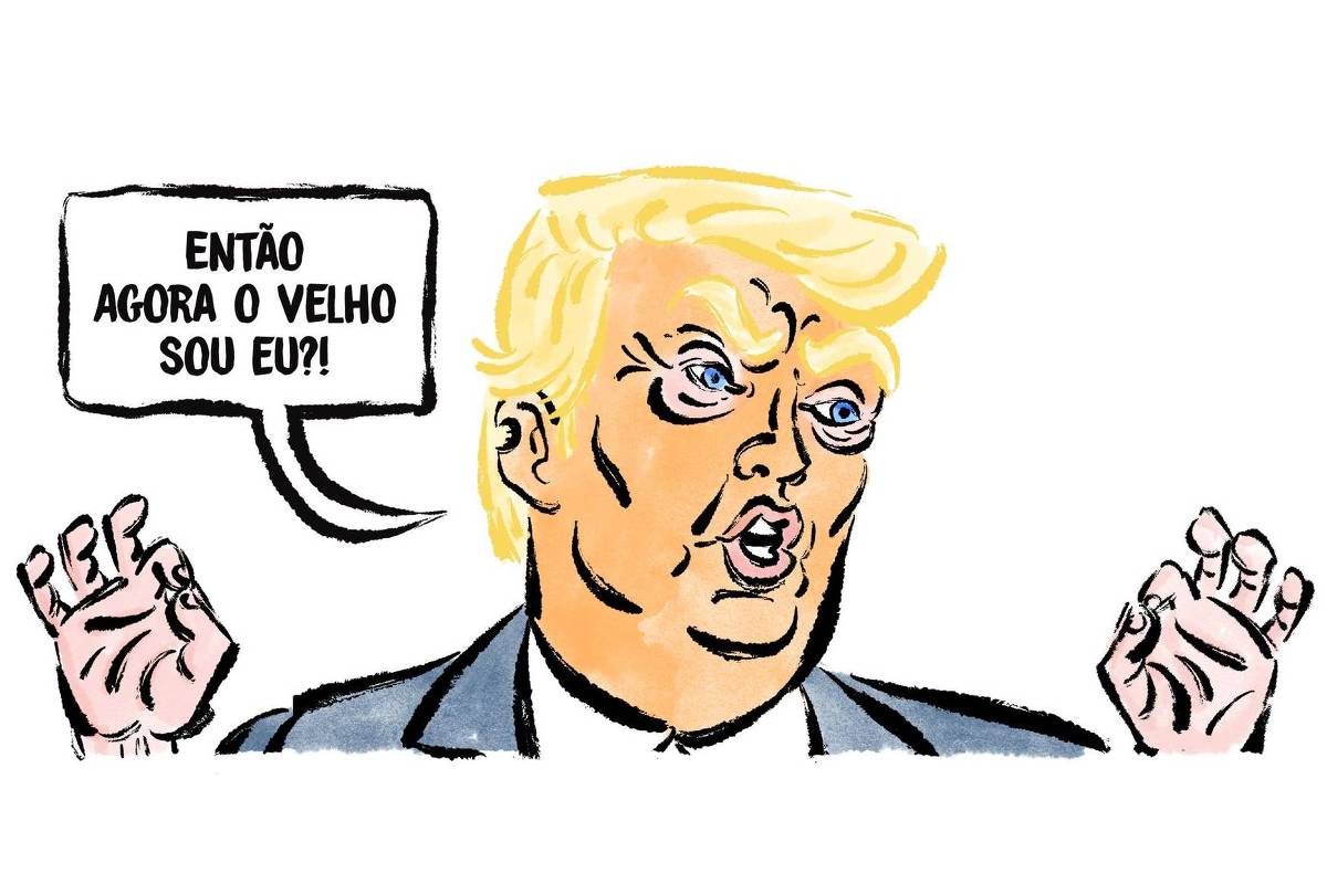 O candidato a presidência dos Estados Unidos Donald Trump gesticulando enquanto indaga: "Então agora o velho sou eu?!