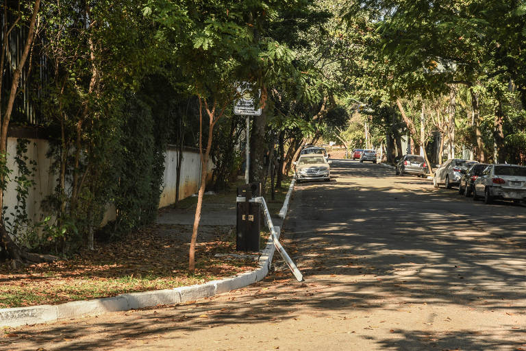 Uma rua arborizada com árvores ao longo das calçadas. À esquerda, há uma parede branca coberta por vegetação. No centro da imagem, há uma cancela, e ao fundo, há carros estacionados dos dois lados da rua. O chão é de asfalto e está coberto por folhas secas