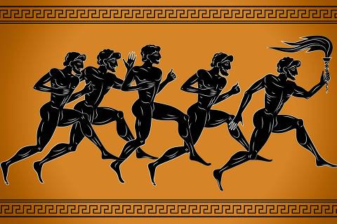 Black-figured runners with the torch. Illustration in the ancient Greek style. Sport concept illustration.
( Foto:  sebos/ adobe stock ) DIREITOS RESERVADOS. NÃO PUBLICAR SEM AUTORIZAÇÃO DO DETENTOR DOS DIREITOS AUTORAIS E DE IMAGEM