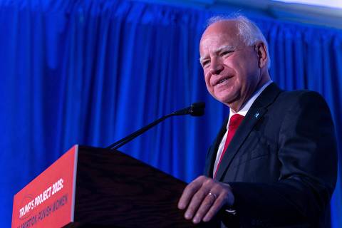 MILWAUKEE, WISCONSIN - JULY 17: Minnesota Gov. Tim Walz speaks at a Biden-Harris campaign and DNC press conference on July 17, 2024 at venue name in Milwaukee, Wisconsin. The press conference was held to address Project 2025 and Republican policies on abortion.   Jim Vondruska/Getty Images/AFP (Photo by Jim Vondruska / GETTY IMAGES NORTH AMERICA / Getty Images via AFP)